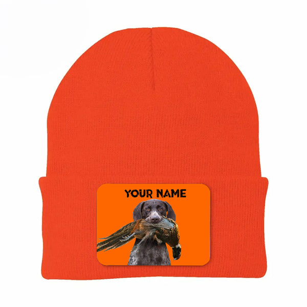 Pheasant Hunting Orange Knit Beanie Hat, Custom Name Rectangle Patch Pheasant Hunting Dogs Hat FSD4750
