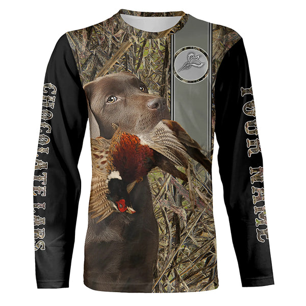 Chocolate Labrador Retriever Hunting Pheasant Hunter Camo Custom Name All Over Printed Hoodie, Long sleeve Shirt FSD2881