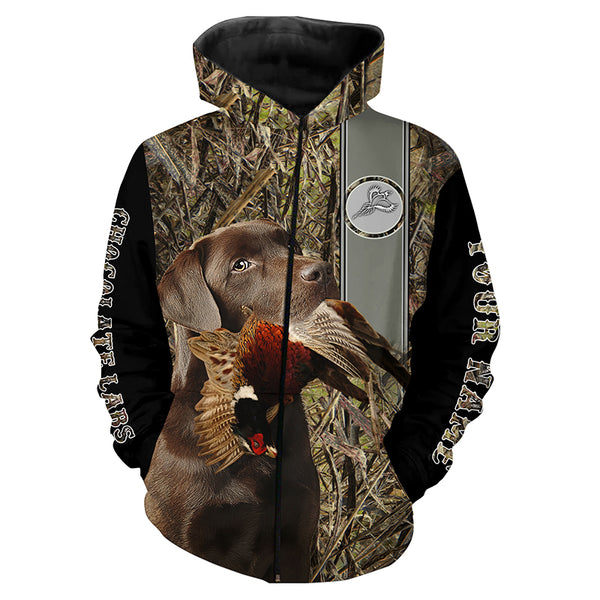 Chocolate Labrador Retriever Hunting Pheasant Hunter Camo Custom Name All Over Printed Hoodie, Long sleeve Shirt FSD2881