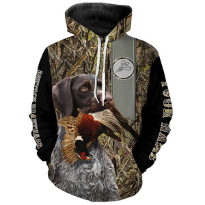 Deutsch Drahthaar Hunting Pheasant Camo Custom Name All Over Printed Hoodie, Long sleeve Shirt FSD2883