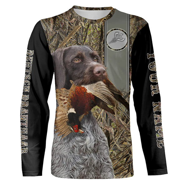 Deutsch Drahthaar Hunting Pheasant Camo Custom Name All Over Printed Hoodie, Long sleeve Shirt FSD2883