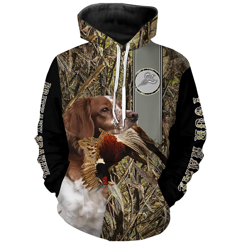 Brittany Spaniel Hunting Pheasant Camo Custom Name All Over Printed Hoodie, Long sleeve Shirt FSD2884