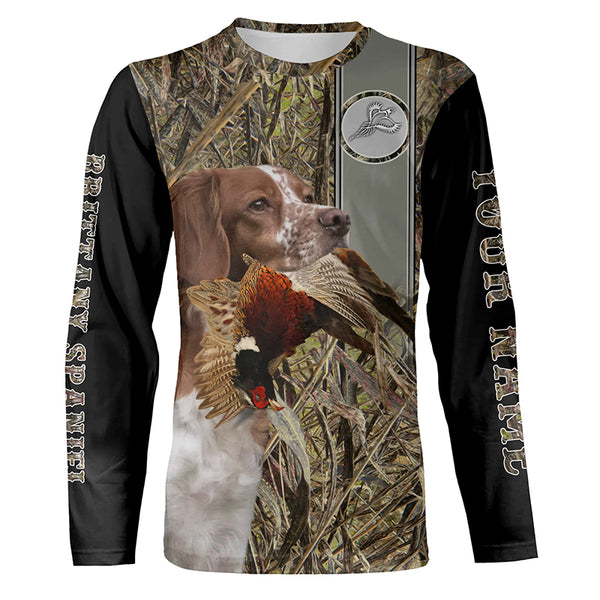 Brittany Spaniel Hunting Pheasant Camo Custom Name All Over Printed Hoodie, Long sleeve Shirt FSD2884