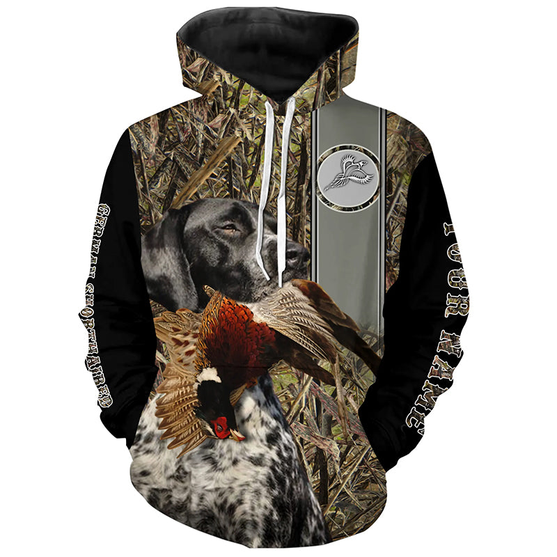 Black roan GSP German Shorthaired Pointer Hunting Pheasant Camo Custom Name All Over Printed Hoodie, Long sleeve Shirt FSD2885