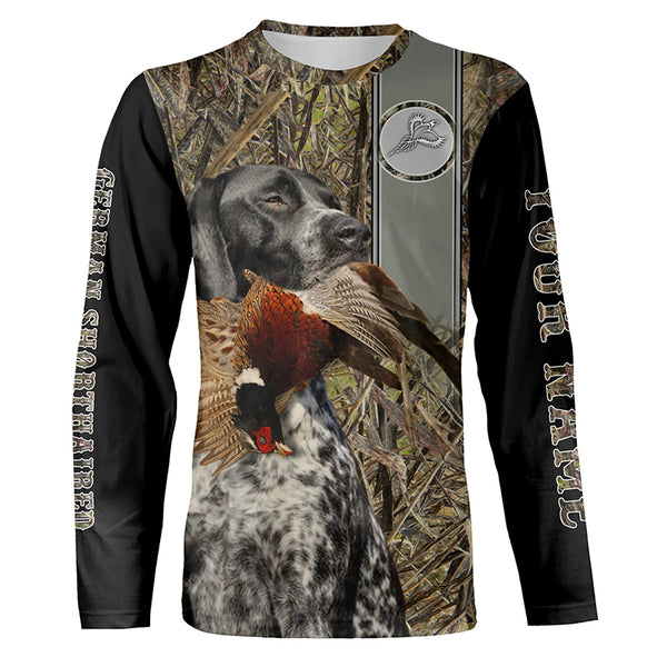 Black roan GSP German Shorthaired Pointer Hunting Pheasant Camo Custom Name All Over Printed Hoodie, Long sleeve Shirt FSD2885