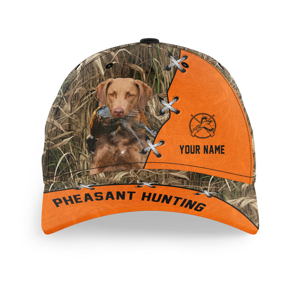 Pheasant Hunting Hat, Upland Hunting Camo and Blaze orange Customized Name with Hunting Dogs Hat FSD4216