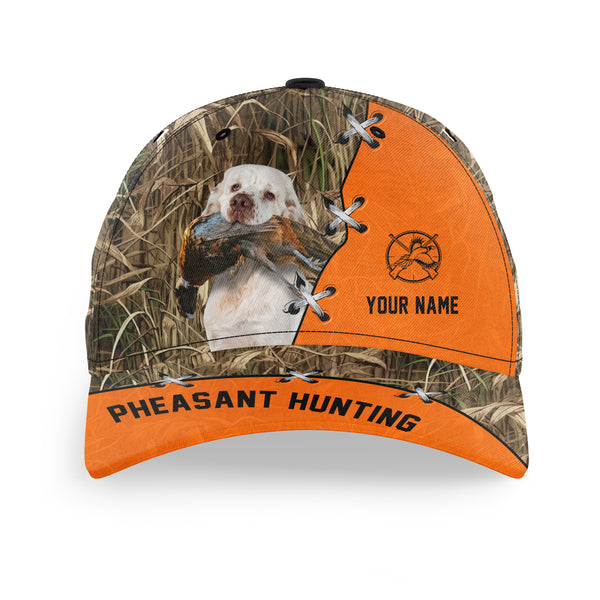 Pheasant Hunting Hat, Upland Hunting Camo and Blaze orange Customized Name with Hunting Dogs Hat FSD4216