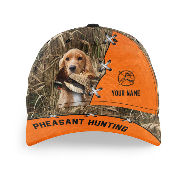 Pheasant Hunting Hat, Upland Hunting Camo and Blaze orange Customized Name with Hunting Dogs Hat FSD4216