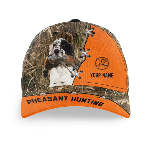 Pheasant Hunting Hat, Upland Hunting Camo and Blaze orange Customized Name with Hunting Dogs Hat FSD4216