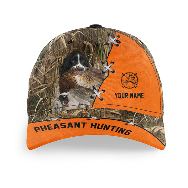 Pheasant Hunting Hat, Upland Hunting Camo and Blaze orange Customized Name with Hunting Dogs Hat FSD4216