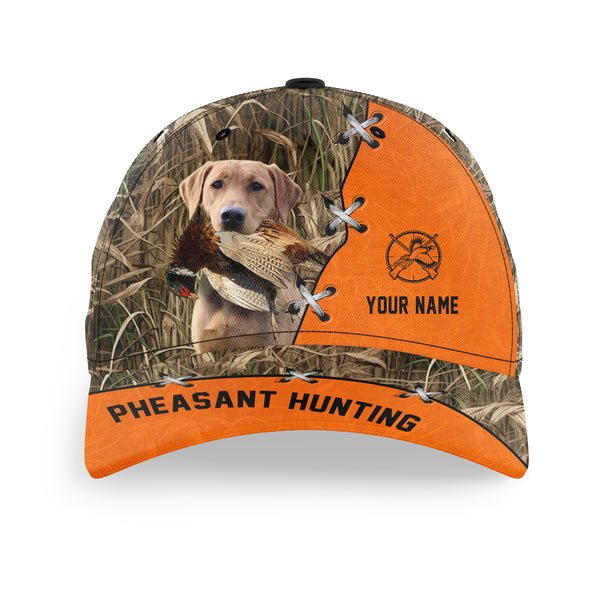 Pheasant Hunting Hat, Upland Hunting Camo and Blaze orange Customized Name with Hunting Dogs Hat FSD4216