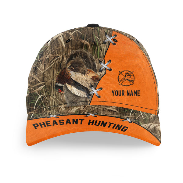 Pheasant Hunting Hat, Upland Hunting Camo and Blaze orange Customized Name with Hunting Dogs Hat FSD4216