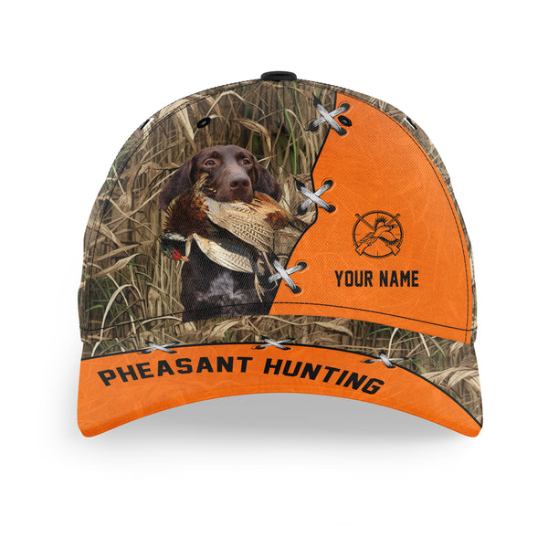 Pheasant Hunting Hat, Upland Hunting Camo and Blaze orange Customized Name with Hunting Dogs Hat FSD4216