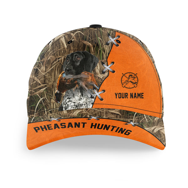 Pheasant Hunting Hat, Upland Hunting Camo and Blaze orange Customized Name with Hunting Dogs Hat FSD4216