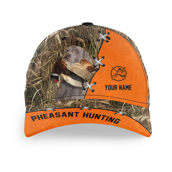 Pheasant Hunting Hat, Upland Hunting Camo and Blaze orange Customized Name with Hunting Dogs Hat FSD4216