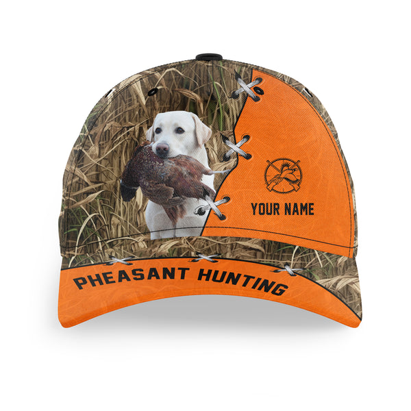 Pheasant Hunting Hat, Upland Hunting Camo and Blaze orange Customized Name with Hunting Dogs Hat FSD4216