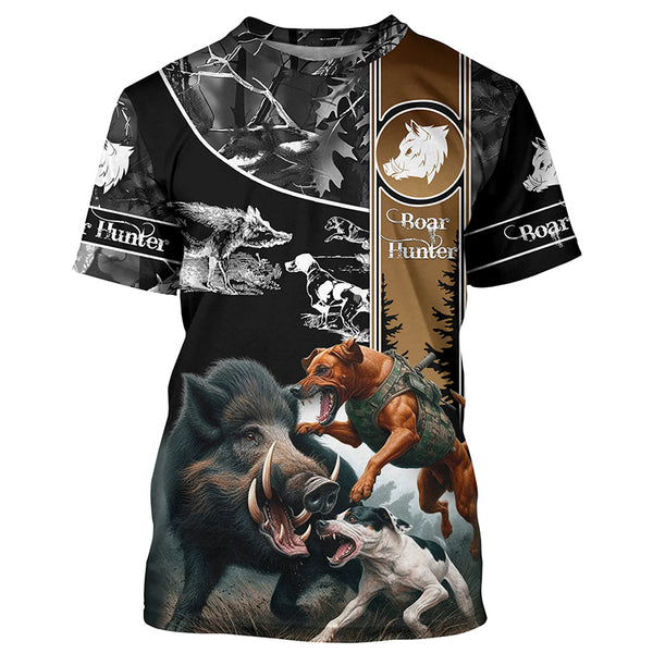 Wild Boar Hunting with Dogs Camo Custom Name Shirts, Boar hunting shirt, Gift for hunter FSD570