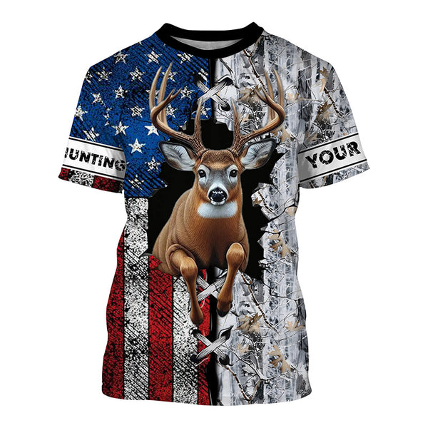 Deer Hunting American flag snow winter camo Custom name Shirts, Deer Hunting Gifts FSD896