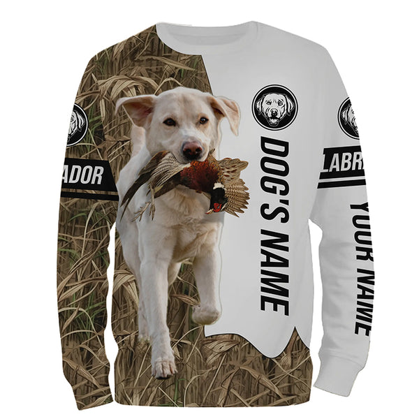 Pheasant Hunting with white Lab Custom Name Camo Full Printing Shirt - Labrador Retriever Hunting Gift FSD3749