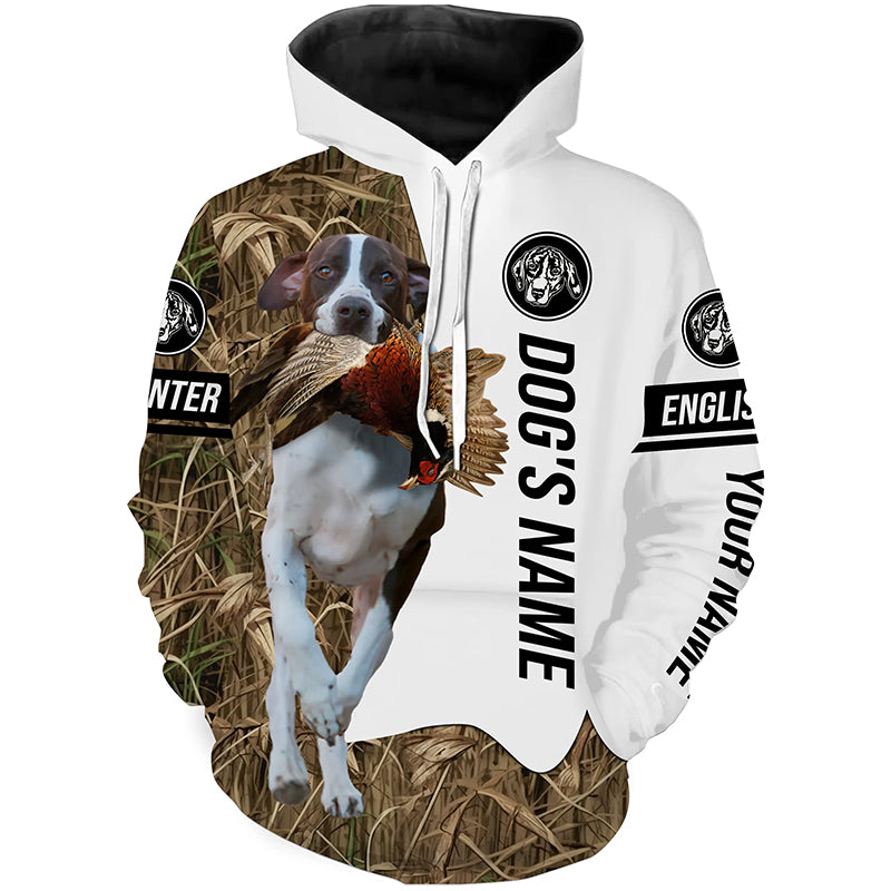 Pheasant Hunting with English Pointer Custom Name Camo Full Printing Shirts, Pointer hunting dog - FSD2760