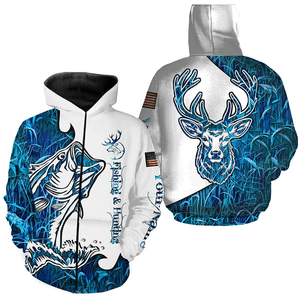 Fishing and Hunting Deer and Bass blue camo all over print Shirt, Hoodie - Personalized Gifts FSD3189