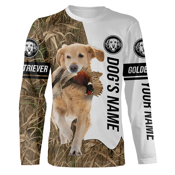 Pheasant Hunting with Golden Retriever Dog Custom Name Camo Full Printing Shirts, Hoodie FSD3537