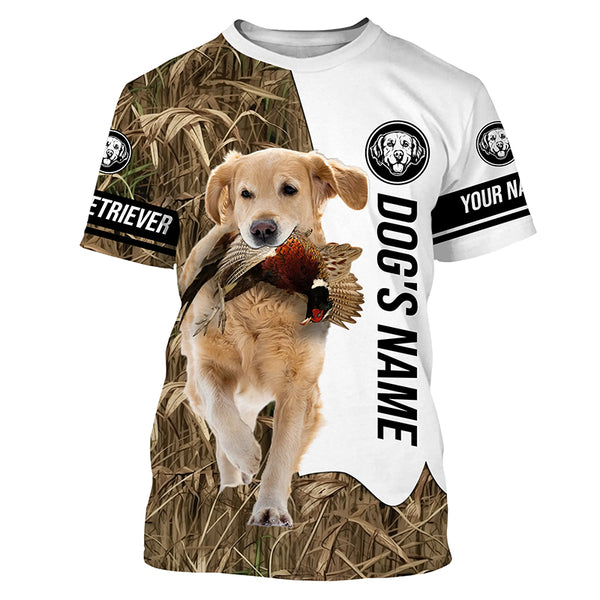 Pheasant Hunting with Golden Retriever Dog Custom Name Camo Full Printing Shirts, Hoodie FSD3537