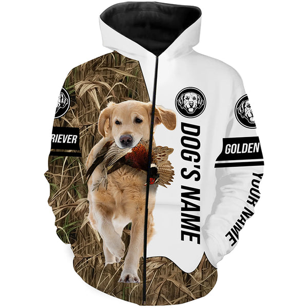 Pheasant Hunting with Golden Retriever Dog Custom Name Camo Full Printing Shirts, Hoodie FSD3537