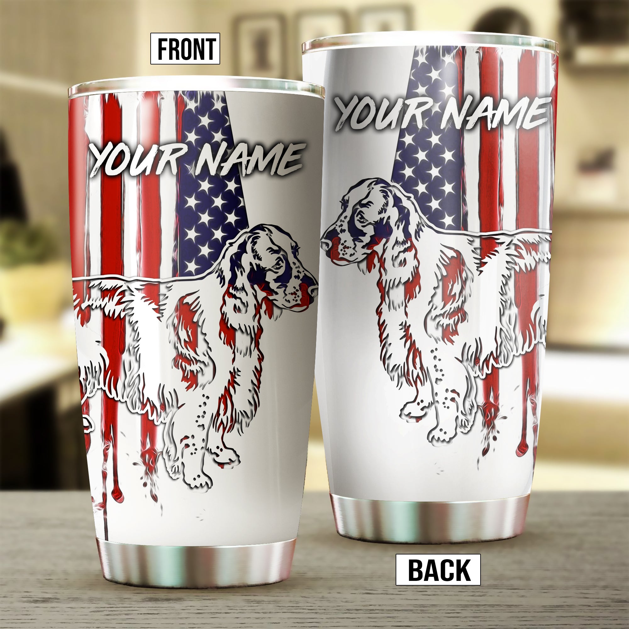 English Springer Spaniel Dog American Flag Custom Name Stainless steel Tumbler Cup FSD4455