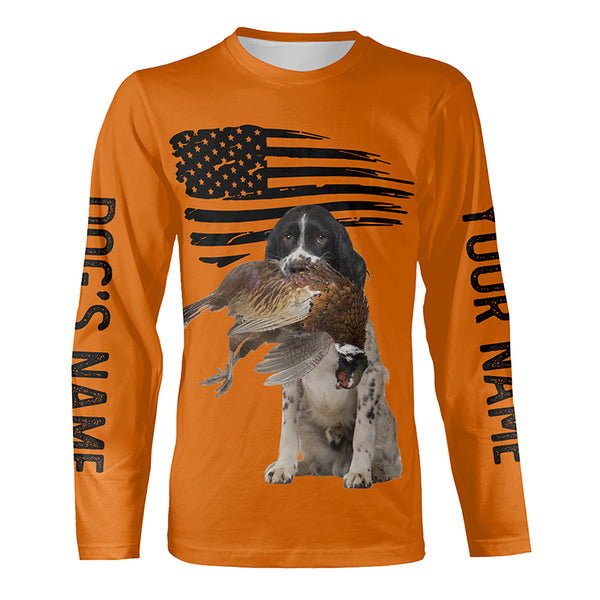 English Springer Spaniel Pheasant Hunting Dog American flag Blaze Orange Shirts for Hunter FSD4475