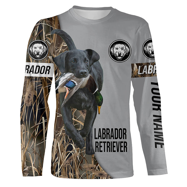 Black Labrador Retriever Duck Hunting with Dog Custom Name Waterfowl Camo Shirts for Duck Hunter FSD4478