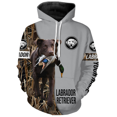 Chocolate Labrador Retriever Duck Hunting with Dog Custom Name Waterfowl Camo Shirts for Duck Hunter FSD4481