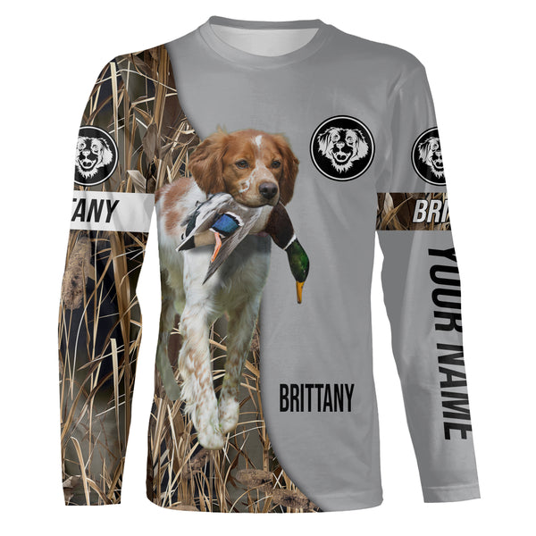 Brittany Duck Hunting with Dog Custom Name Waterfowl Camo Shirts for Duck Hunter FSD4489