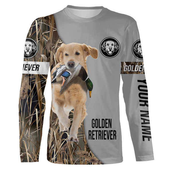 Golden Retriever Duck Hunting with Dog Custom Name Waterfowl Camo Shirts for Duck Hunter FSD4490