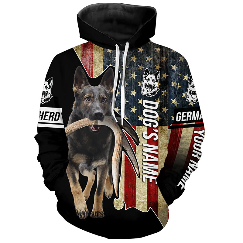 Sable German Shepherd Hunting Dog American Flag Custom Name Hoodie Shirt for Hunters FSD4560