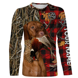 Vizsla Hunting Dog Red Plaid Fall Camo Custom Name all over printing Shirts, Vizsla Hunting Dog Gifts FSD4229