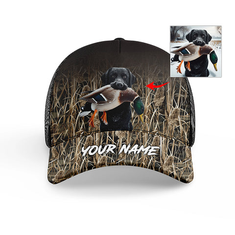 Duck Hunting Waterfowl Camo Custom Dog's Photo and Name Mesh Back Hat, Personalized Hunting Hat FSD4603