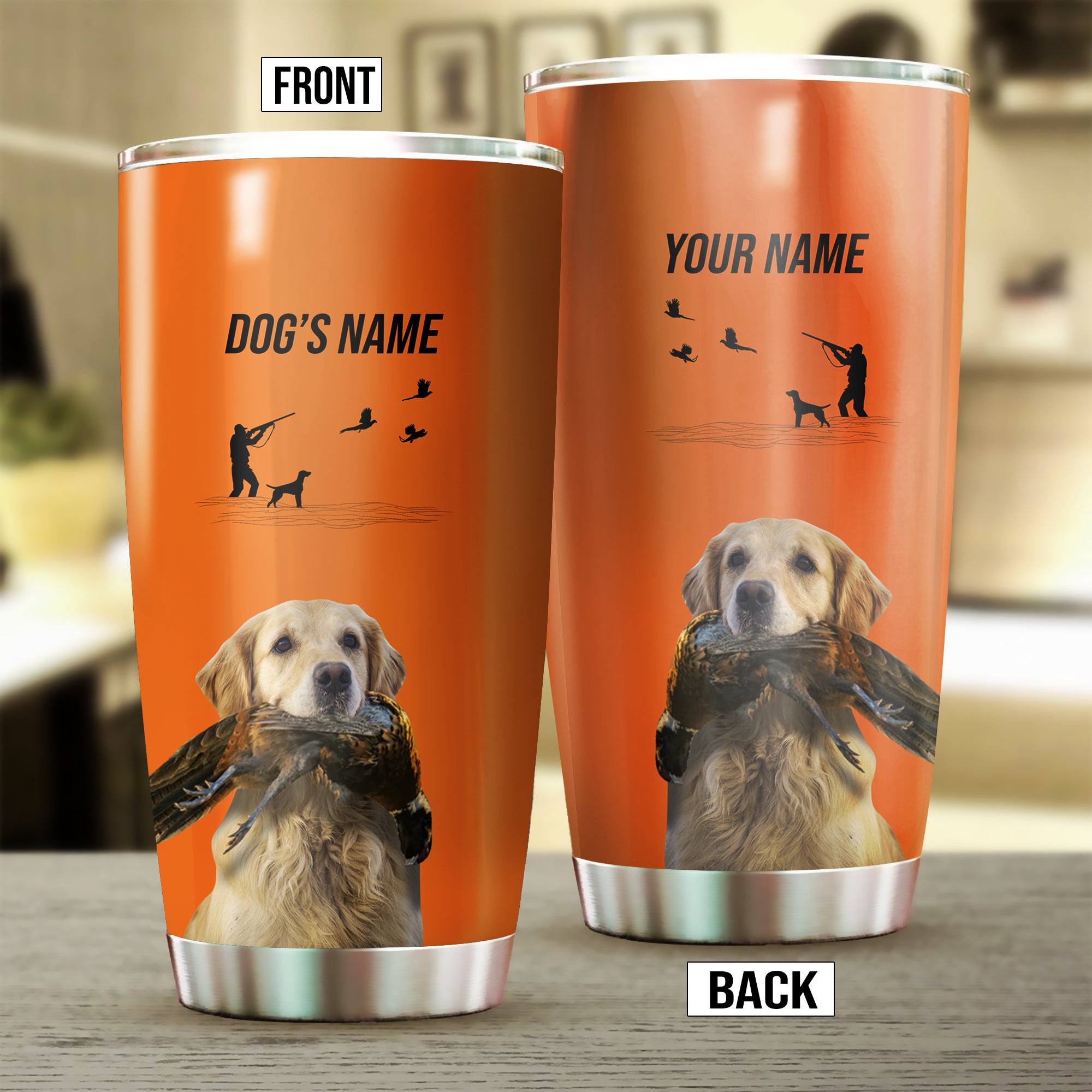 Golden Retriever Hunting Dog Custom names Orange Stainless Steel Tumbler Cup FSD4429