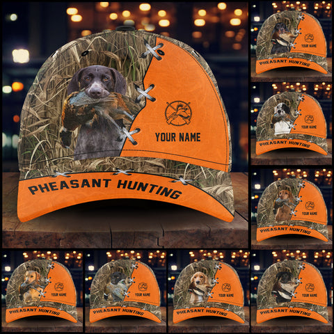 Pheasant Hunting Hat, Upland Hunting Camo and Blaze orange Customized Name with Hunting Dogs Hat FSD4216