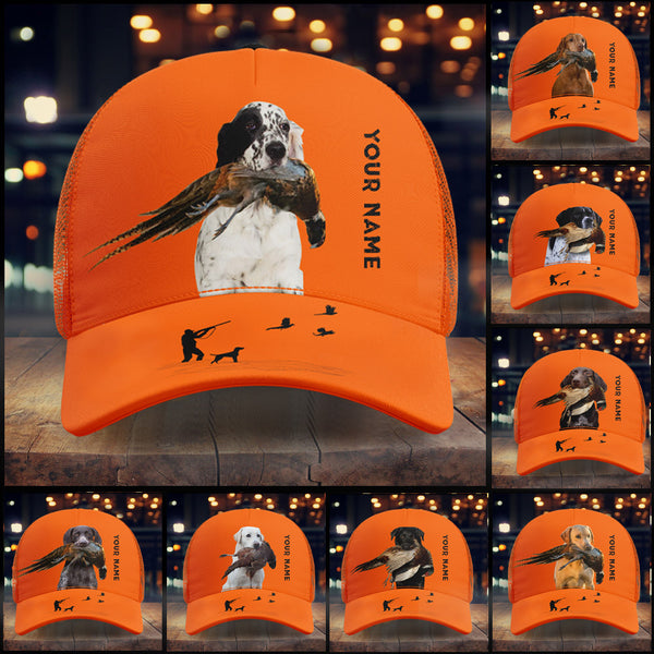 Hunting Dogs Pheasant Hunting Blaze Orange Custom Name Mesh Back Cap, Hunting Cap FSD4524