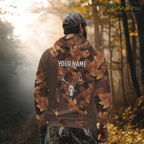 Skull Deer Hunting 3D Brown Camo Autumn Custom Name All Over Print Shirt Hunting Clothes NHT207