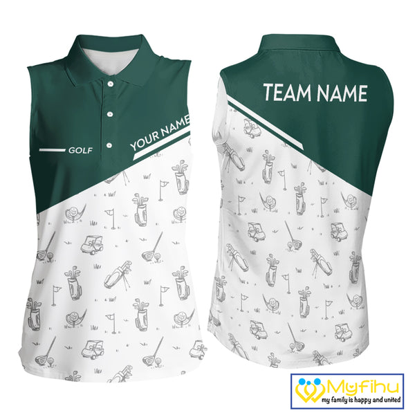 Green White Golf Pattern Sleeveless Womens Golf Tops Custom Ladies Golf Shirts, Green Golf Tops NHT884