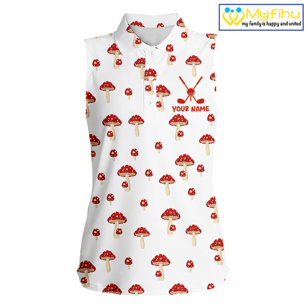 Funny Mushroom Sleeveless Womens Golf Polo Shirt, Personalized Mushroom Red White Pattern Golf Jersey NHT888