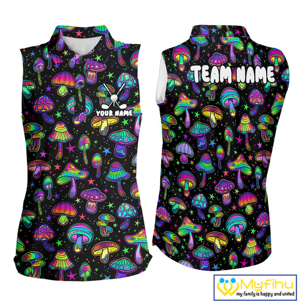 Funny Neon Mushroom Pattern Sleeveless Womens Golf Polo Shirt – Custom Name, Team Name For Golfer NHT889