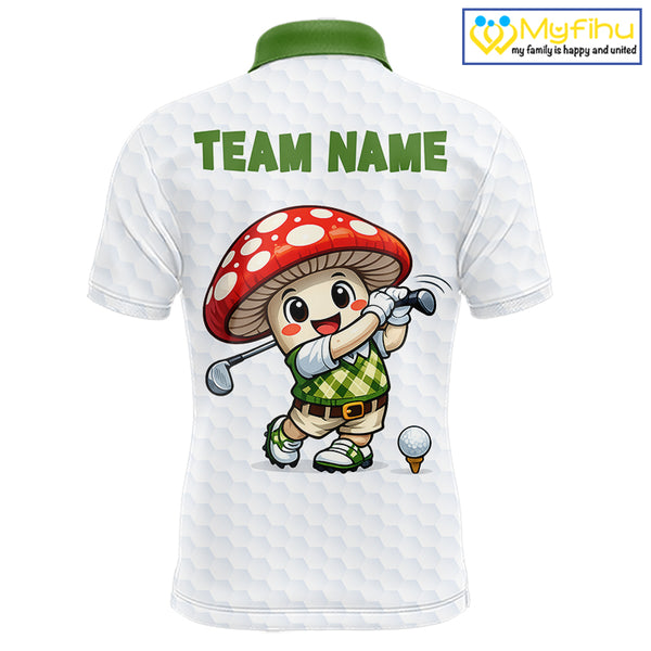 Funny Cartoon Mushroom Mens Golf Polo Shirt White Argyle Green Pattern Golf Shirt NHT890