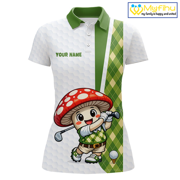 Funny Cartoon Mushroom Womens Golf Polo Shirt White Argyle Green Pattern Golf Shirt NHT890