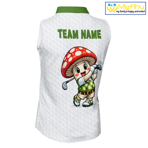Funny Cartoon Mushroom Sleeveless Womens Golf Polo Shirt White Argyle Green Pattern Golf Shirt NHT890