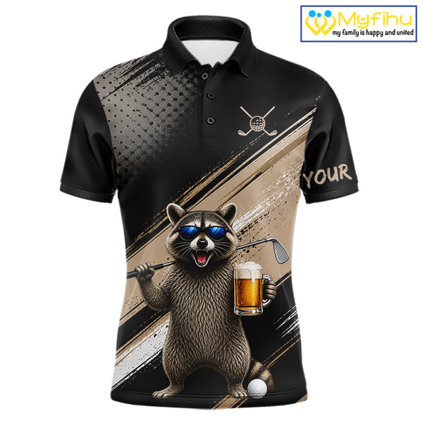 Funny Raccoon Golf Polo Shirt Custom Name Golf Beer Polo Gift For Men Black Beige Golf Jersey  NHT891