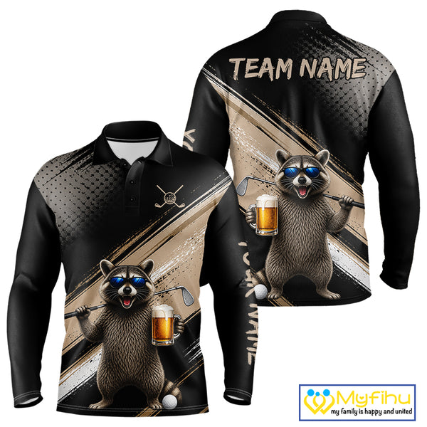 Funny Raccoon Golf Polo Shirt Custom Name Golf Beer Polo Gift For Men Black Beige Golf Jersey  NHT891