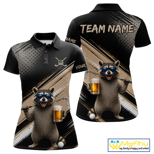 Funny Raccoon Golf Polo Shirt Custom Name Golf Beer Polo Gift For Womens Black Beige Golf Jersey  NHT891